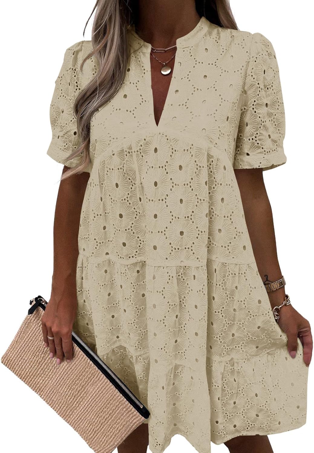Imily Bela Womens Summer Lace Dresses Eyelet Casual Flowy Babydoll Swing Short Sleeve V Neck Tunic Dress