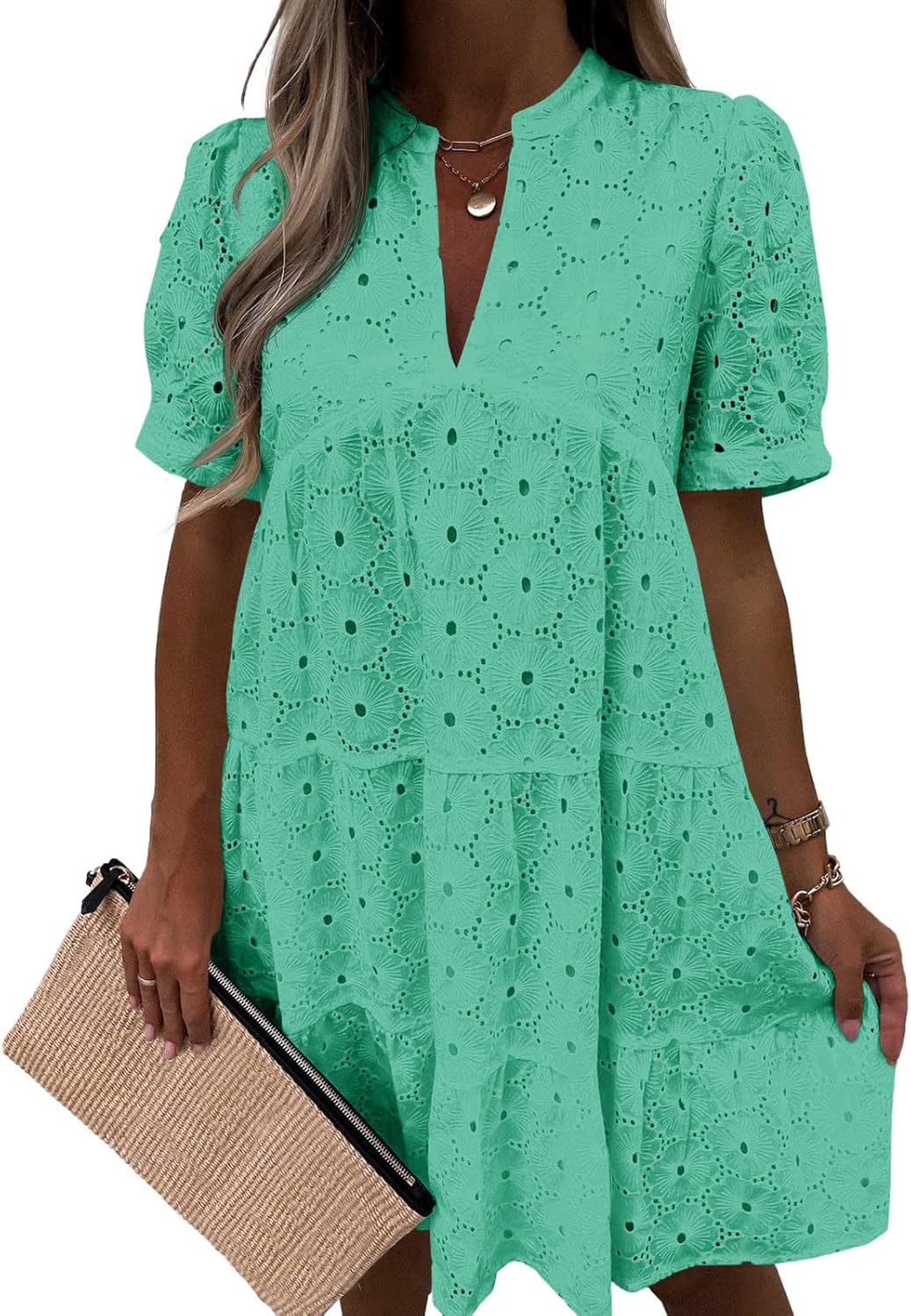 Imily Bela Womens Summer Lace Dresses Eyelet Casual Flowy Babydoll Swing Short Sleeve V Neck Tunic Dress