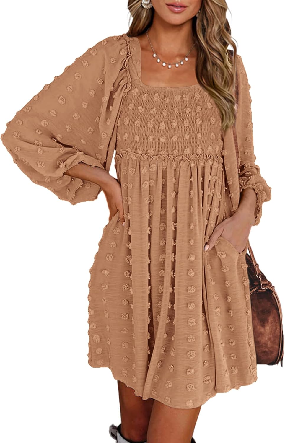 BTFBM Women Square Neck Smocked Summer Fall Dresses 2023 Long Sleeve Floral Swiss Dot Ruffle Party Mini Babydoll Dress