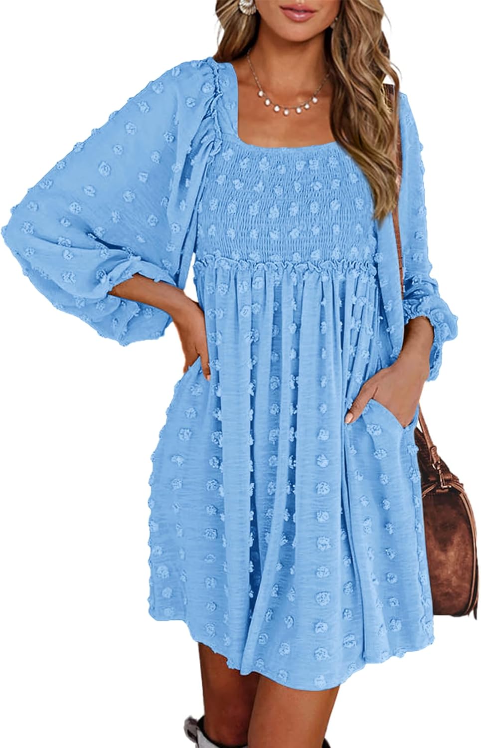 BTFBM Women Square Neck Smocked Summer Fall Dresses 2023 Long Sleeve Floral Swiss Dot Ruffle Party Mini Babydoll Dress