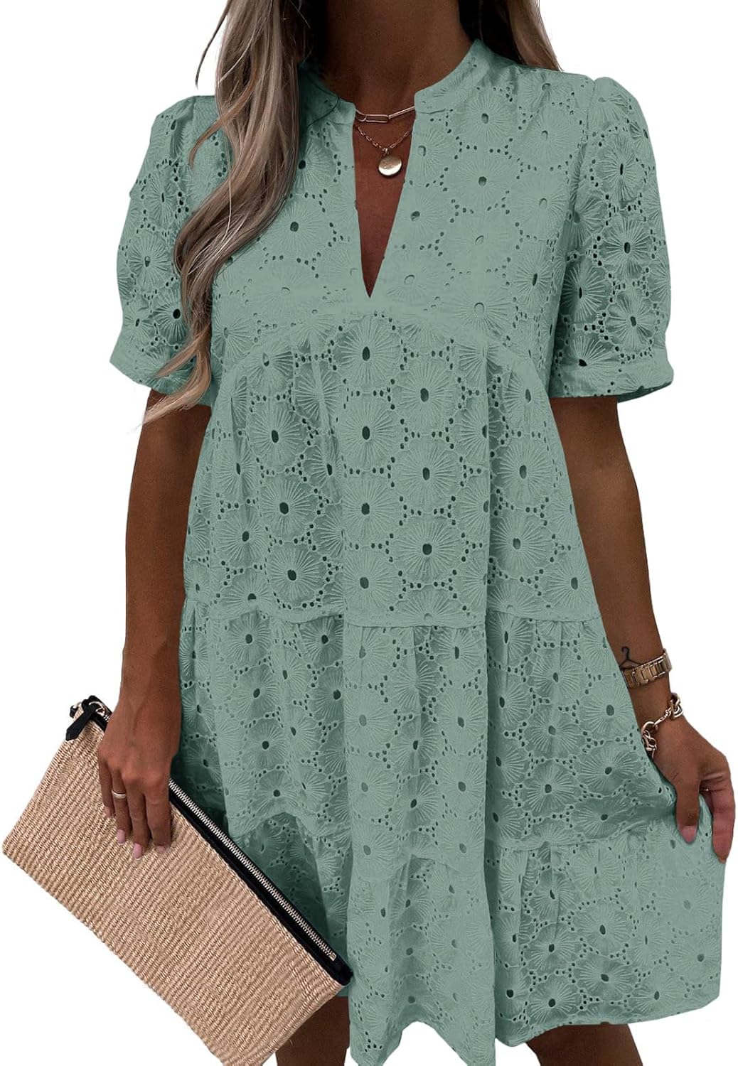 Imily Bela Womens Summer Lace Dresses Eyelet Casual Flowy Babydoll Swing Short Sleeve V Neck Tunic Dress
