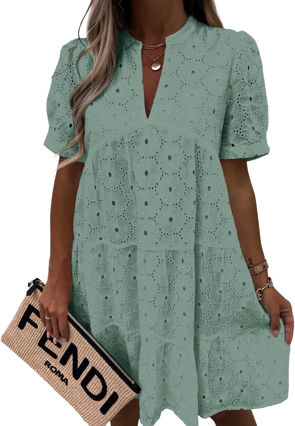 Imily Bela Womens Summer Lace Dresses Eyelet Casual Flowy Babydoll Swing Short Sleeve V Neck Tunic Dress