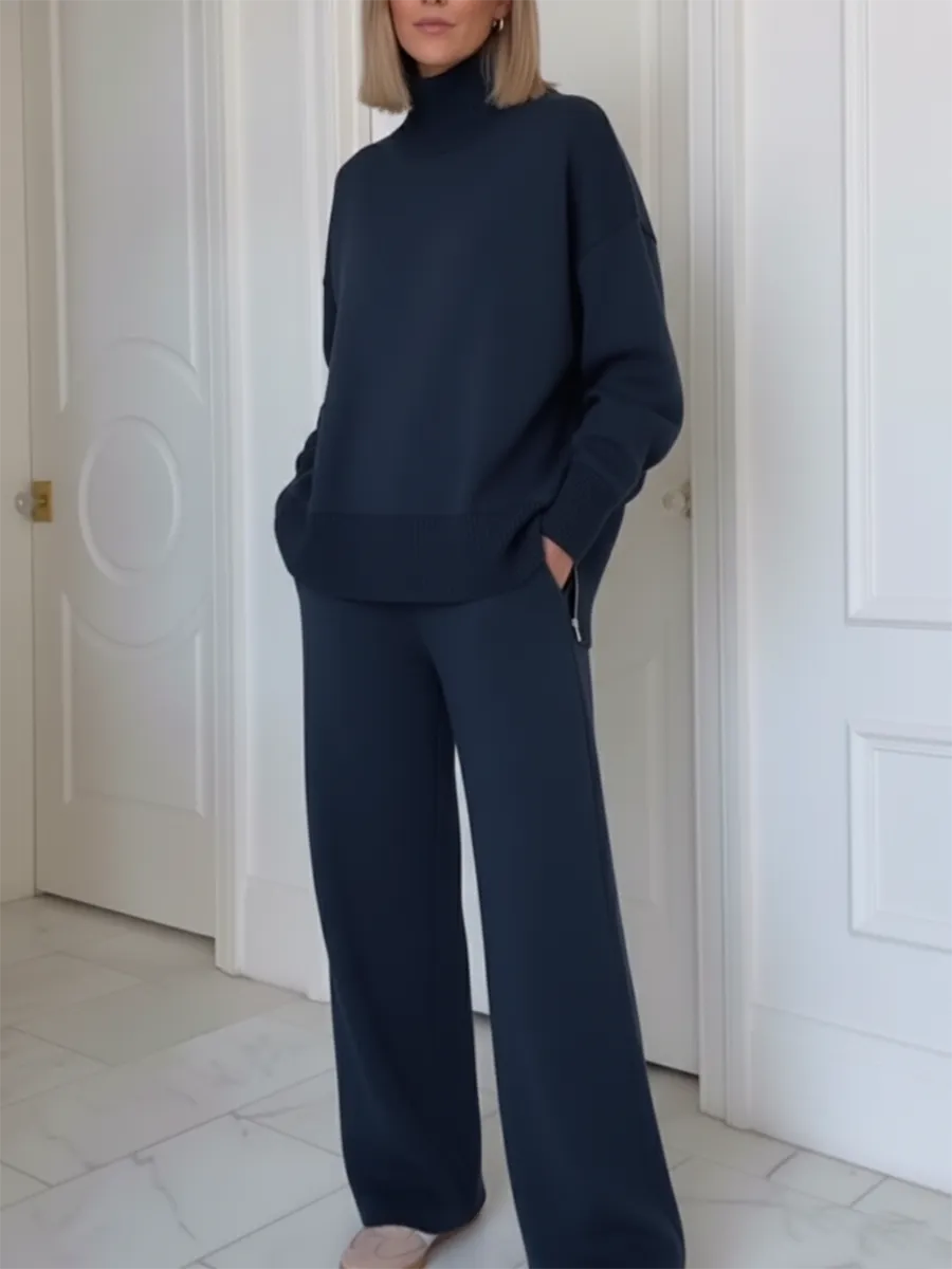 Casual Travel Stand Collar Side Zipper Top Straight Pants Two-Piece Set