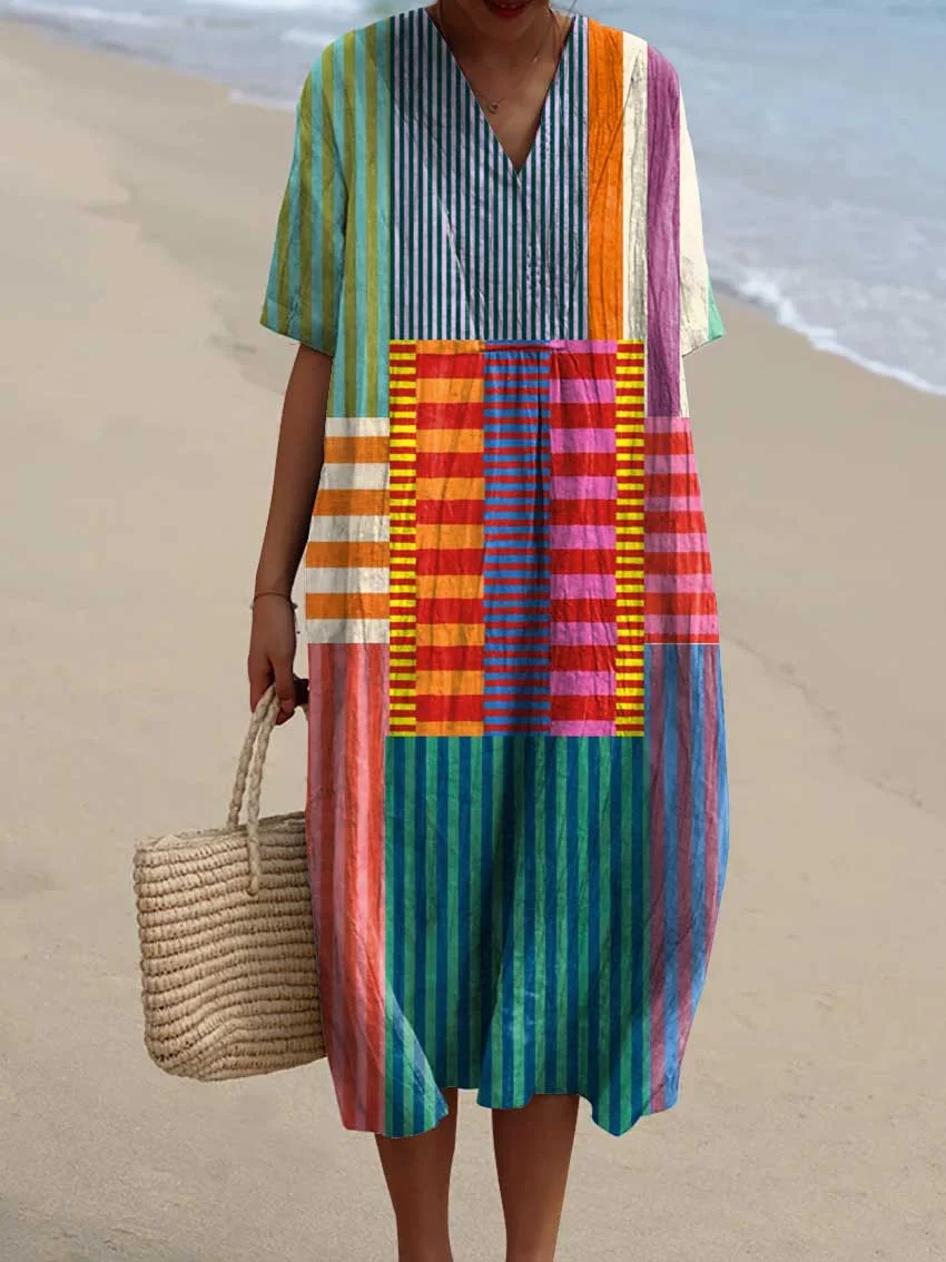 Women’s Colorful Patchwork Striped Cotton Linen 3/4 Sleeve Shirt