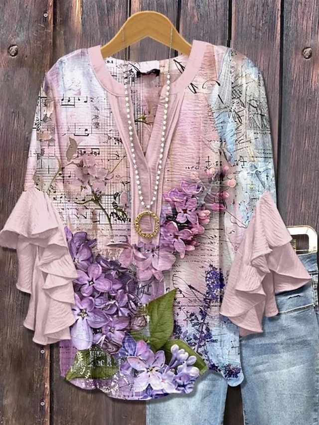 Women's vintage blouse-style multi-layer ruffled top with 3D printed vintage floral pattern, 3/4 length sleeves