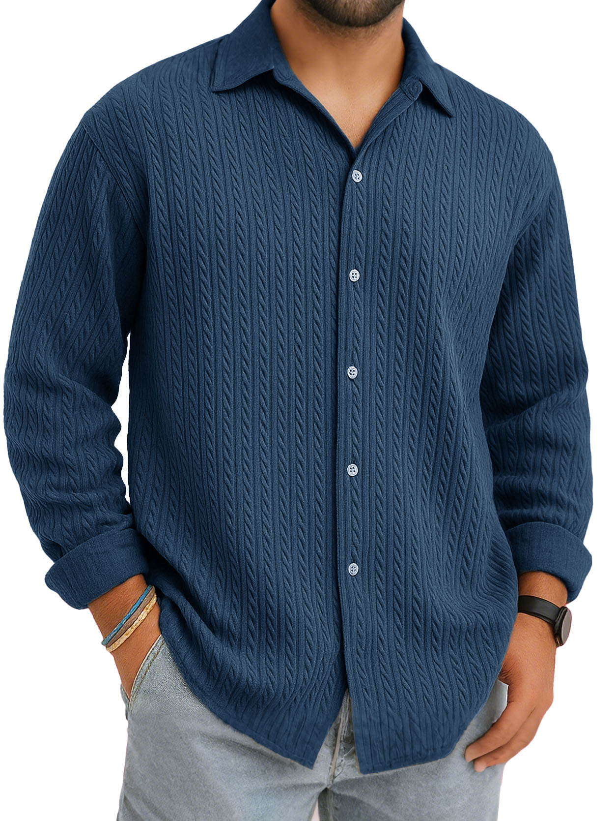 Men's Stylish Casual Everyday Jacquard Fabric Multicolor Lapel Long-sleeved Shirt