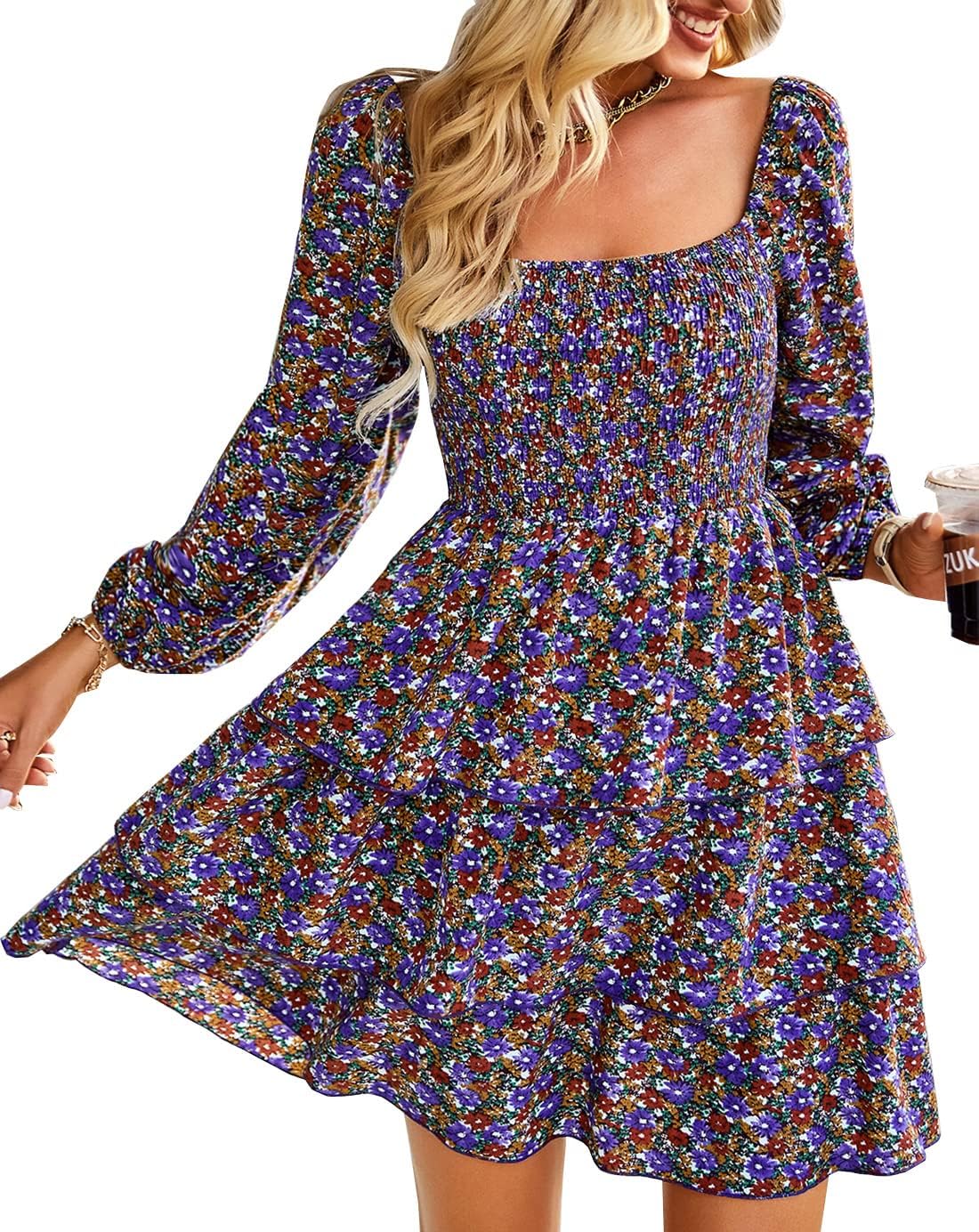 BTFBM Women Square Neck Smocked Summer Fall Dresses 2023 Long Sleeve Floral Swiss Dot Ruffle Party Mini Babydoll Dress