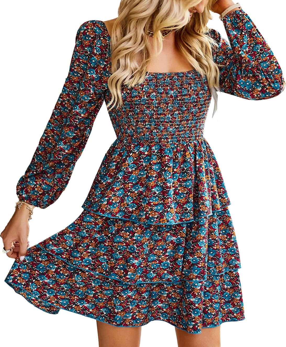 BTFBM Women Square Neck Smocked Summer Fall Dresses 2023 Long Sleeve Floral Swiss Dot Ruffle Party Mini Babydoll Dress
