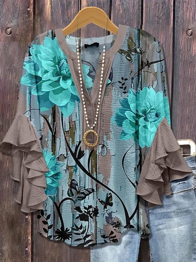 Women's vintage blouse-style multi-layer ruffled top with 3D printed vintage floral pattern, 3/4 length sleeves