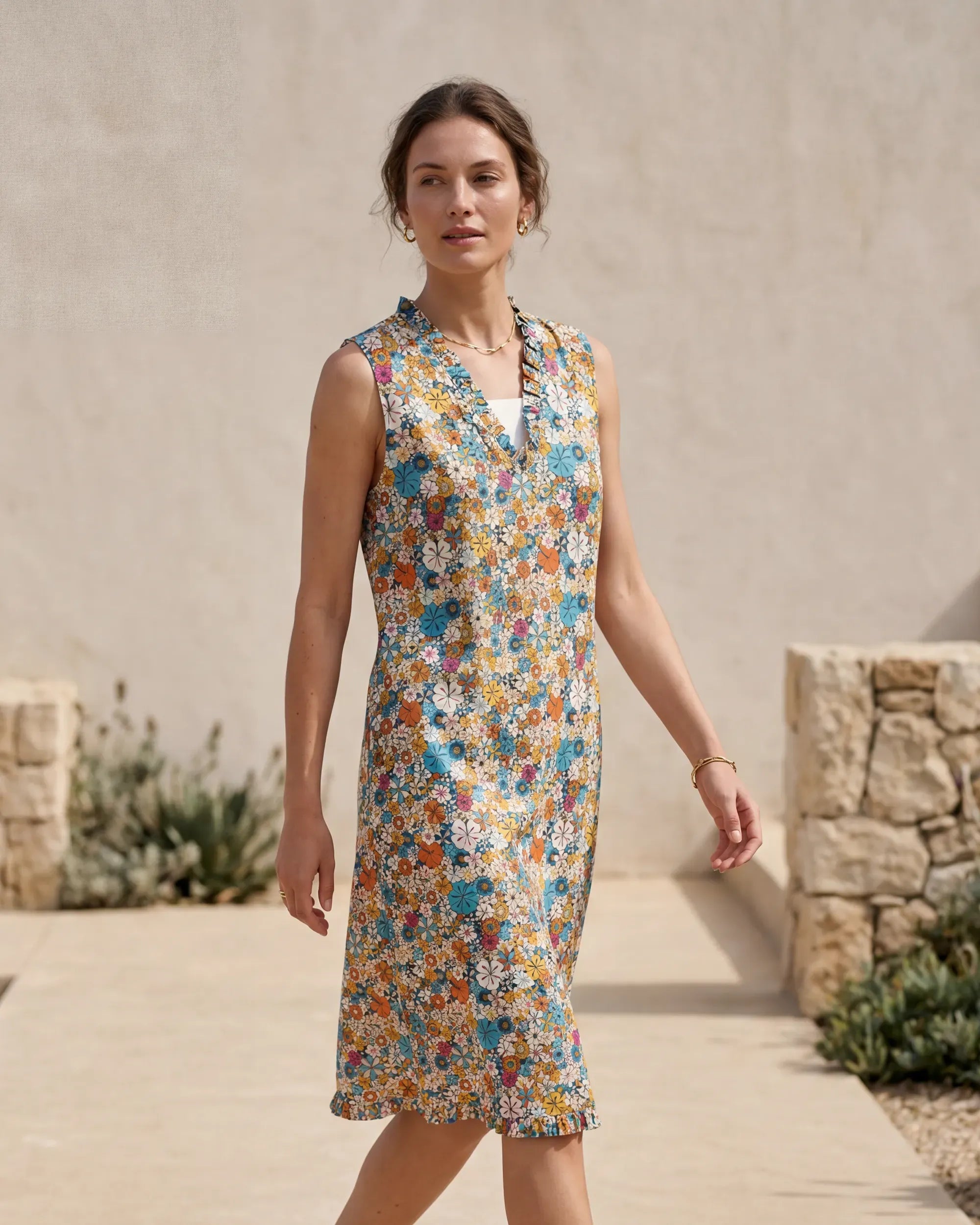 Women's Hawaiian Dress Sleeveless V-neck 55% Linen 45% Rayon Orange Aloha Hibiscus Blossom