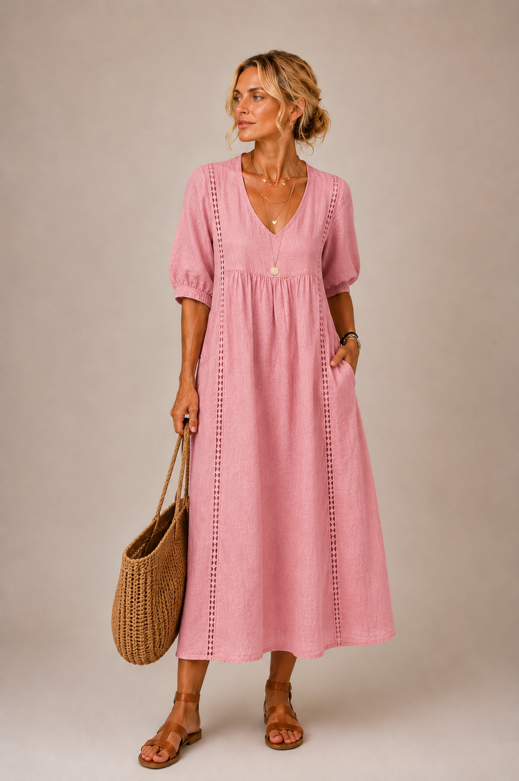 Christine - Lace Trim V-Neck Midi Dress