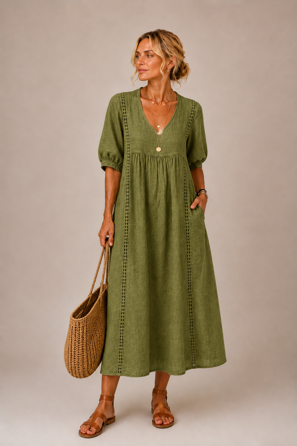 Christine - Lace Trim V-Neck Midi Dress