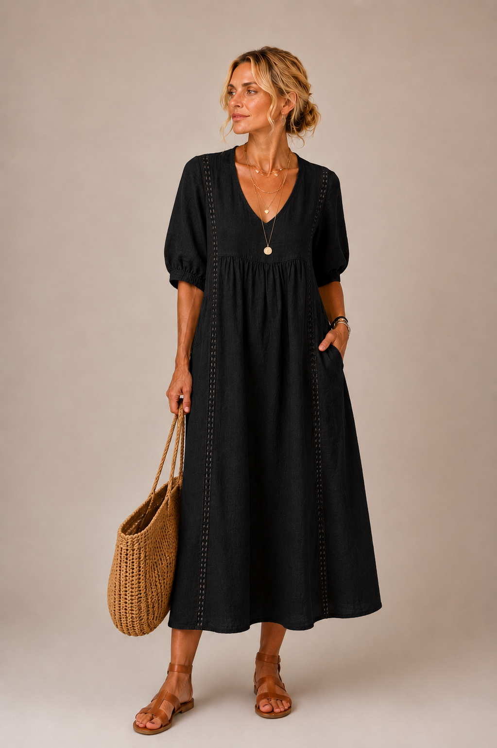 Christine - Lace Trim V-Neck Midi Dress