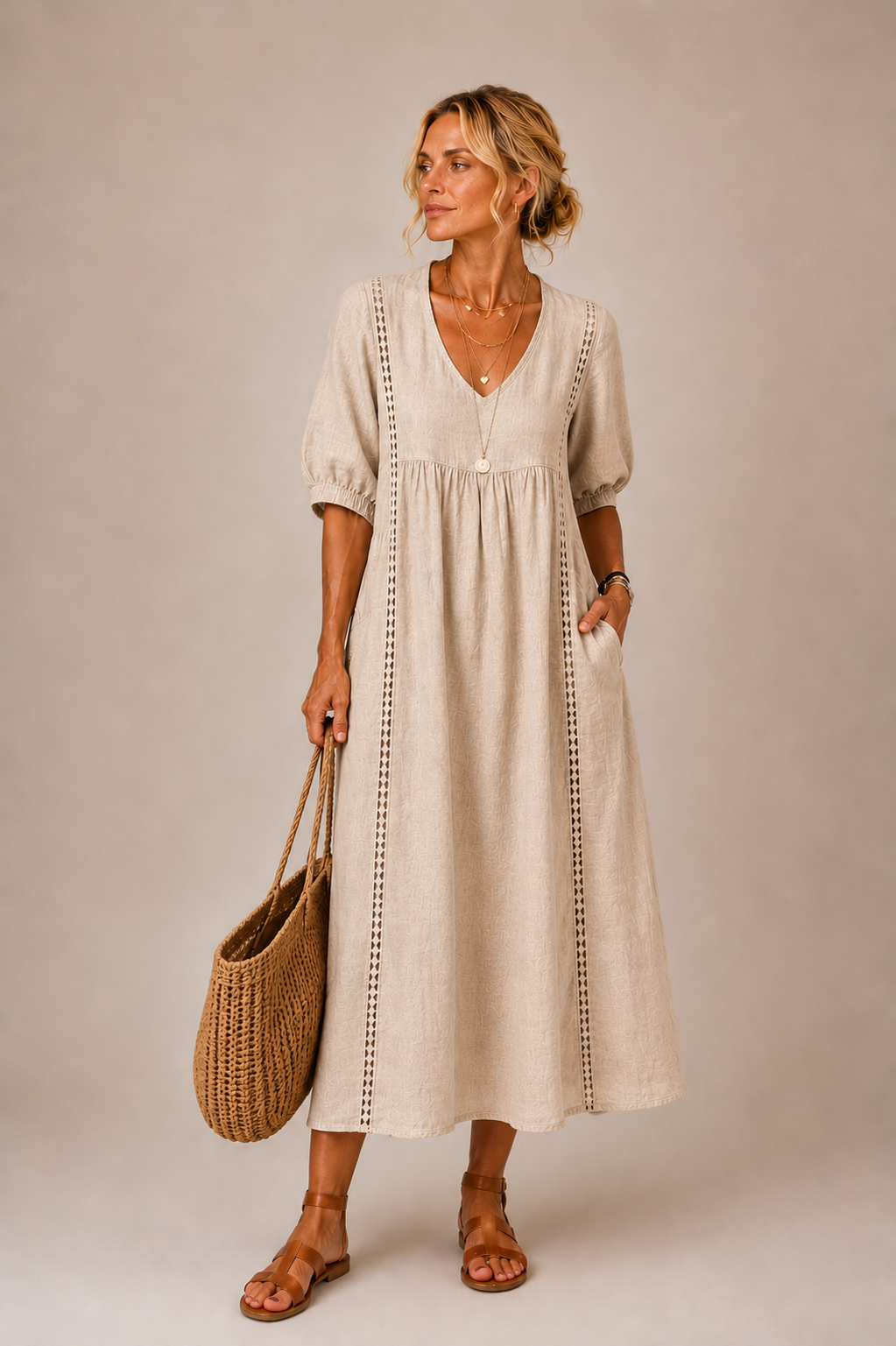 Christine - Lace Trim V-Neck Midi Dress