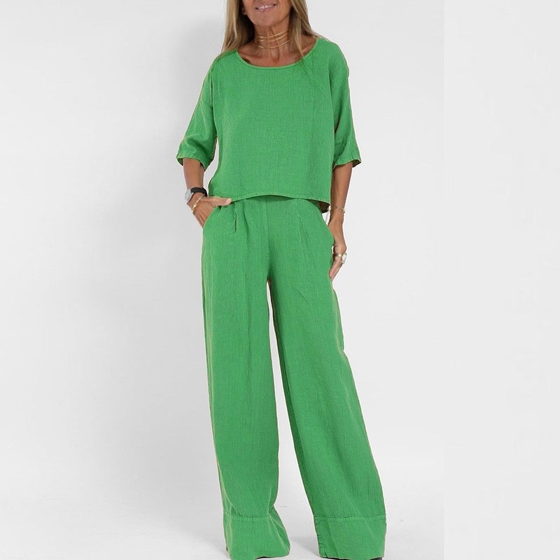 Cross-Border Amazon Aliexpress European And American Summer New Women'S Casual Loose Solid Color Short-Sleeved Cotton And Linen Pants Suit