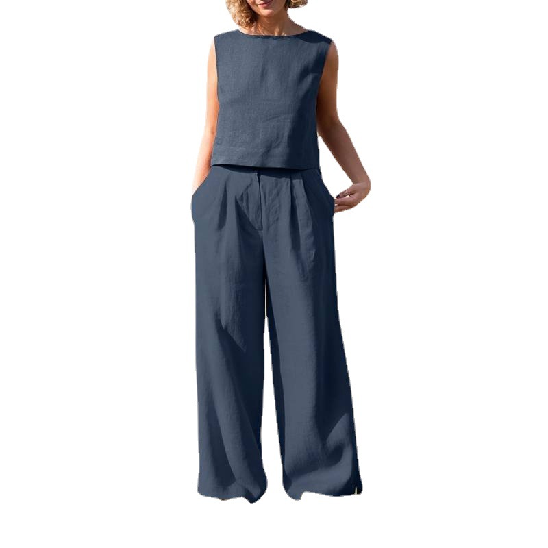 Solid color ethnic style retro trousers cotton linen casual long-sleeved loose cotton suit