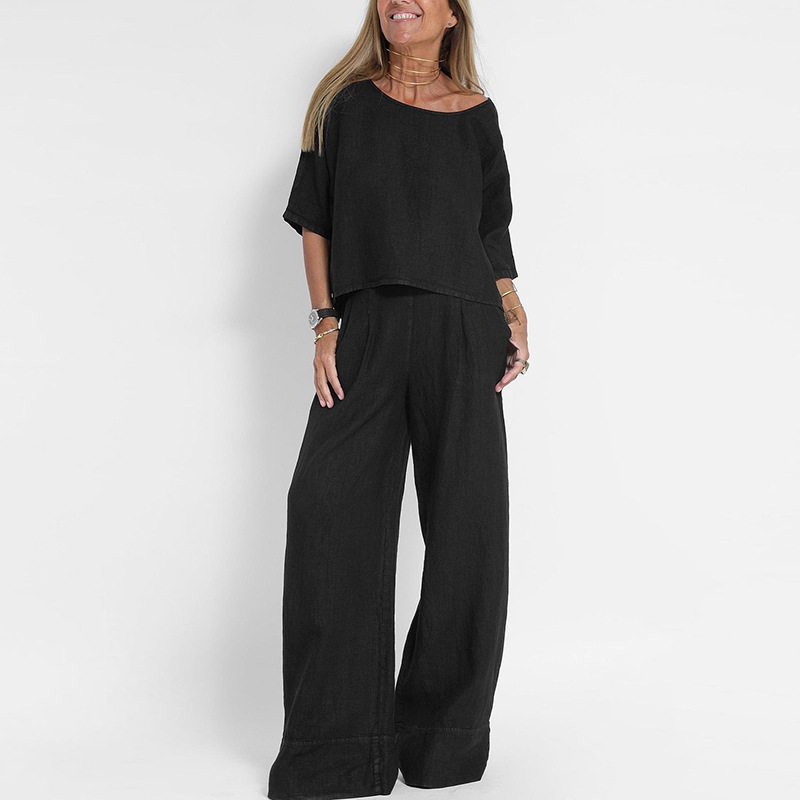 Cross-Border Amazon Aliexpress European And American Summer New Women'S Casual Loose Solid Color Short-Sleeved Cotton And Linen Pants Suit