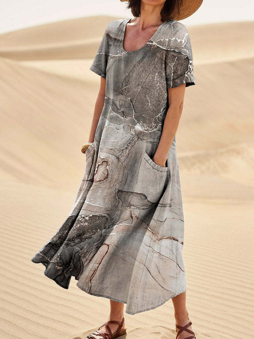 Women's Short-Sleeved Printed Long Dress