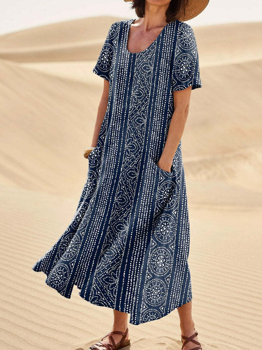 Women's Short-Sleeved Printed Long Dress