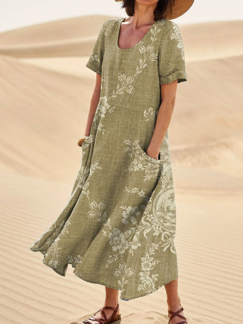 Women's Short-Sleeved Printed Long Dress