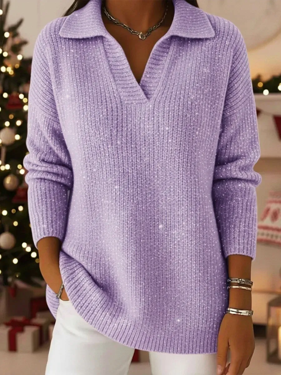 Christmas Party Polo Collar Shiny Loose Sweater Top