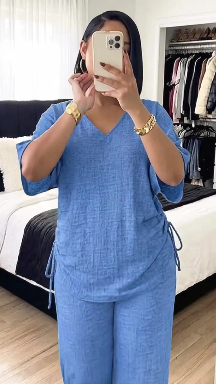 Summer V-Neck Short-Sleeve Drawstring Wide-Leg Casual Set