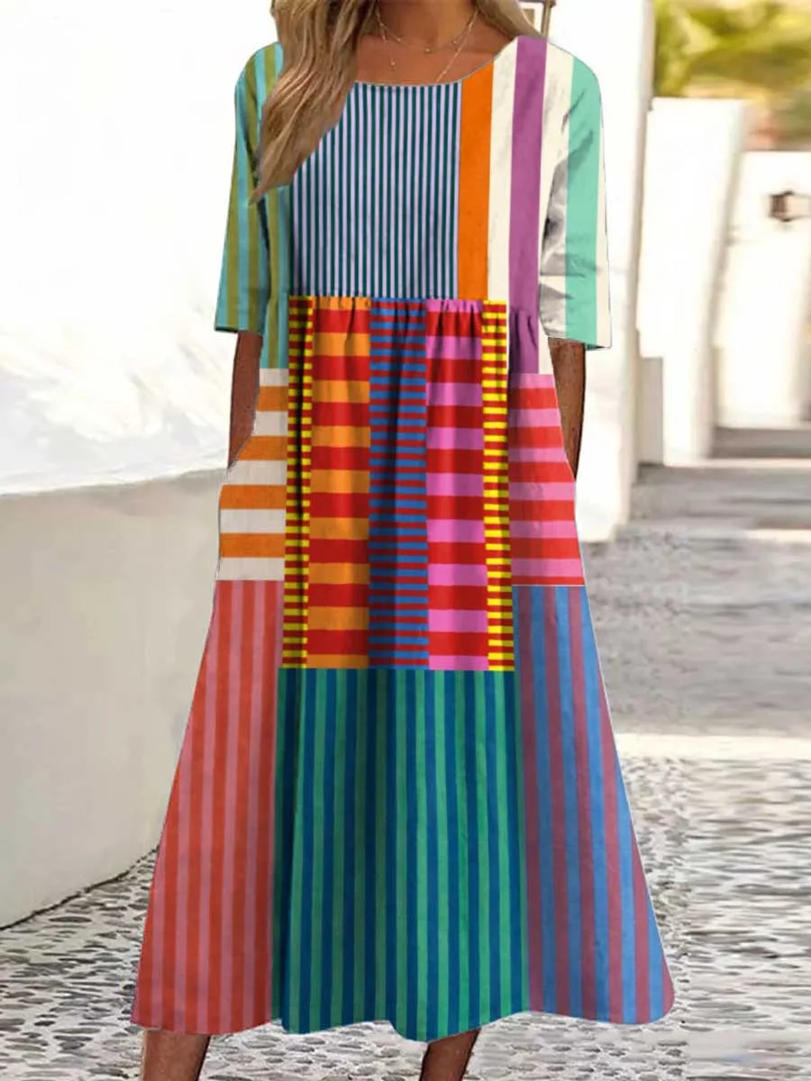 Women’s Colorful Patchwork Striped Cotton Linen 3/4 Sleeve Shirt