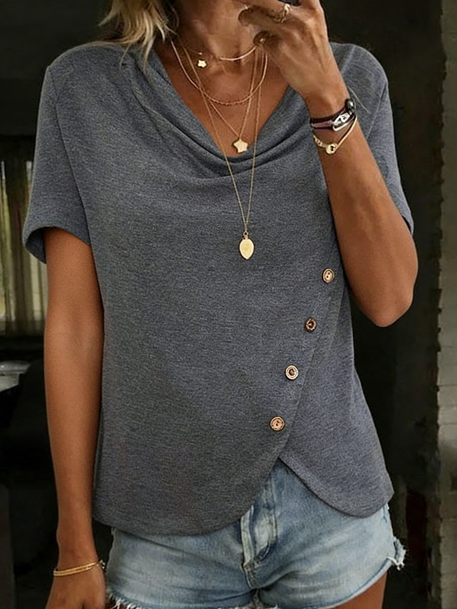 Women's Elegant Solid Color Ruffled Collar Button 100% Cotton Short-sleeved T-shirt