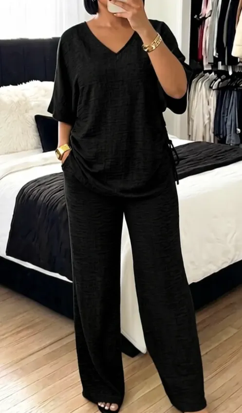 Summer V-Neck Short-Sleeve Drawstring Wide-Leg Casual Set