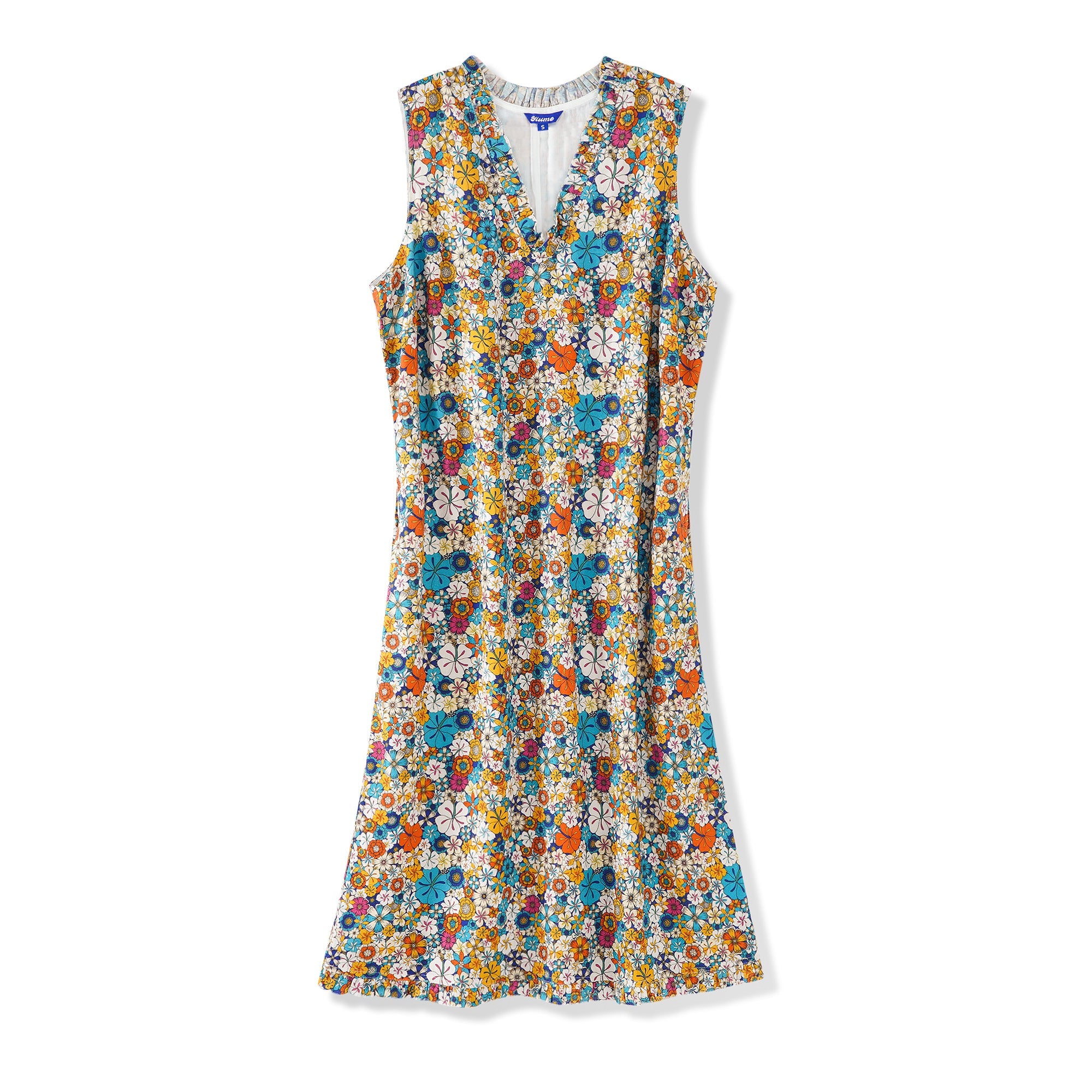 Women's Hawaiian Dress Sleeveless V-neck 55% Linen 45% Rayon Orange Aloha Hibiscus Blossom