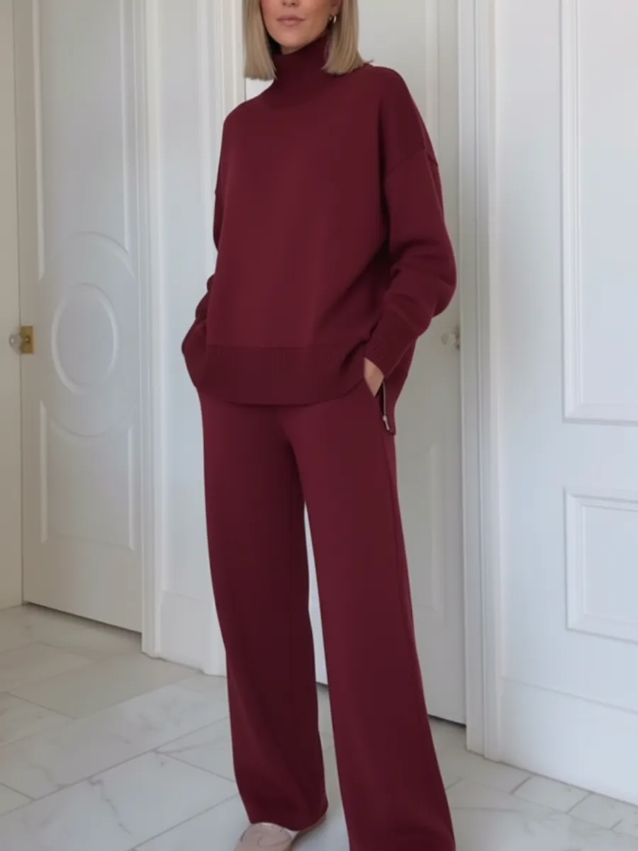 Casual Travel Stand Collar Side Zipper Top Straight Pants Two-Piece Set