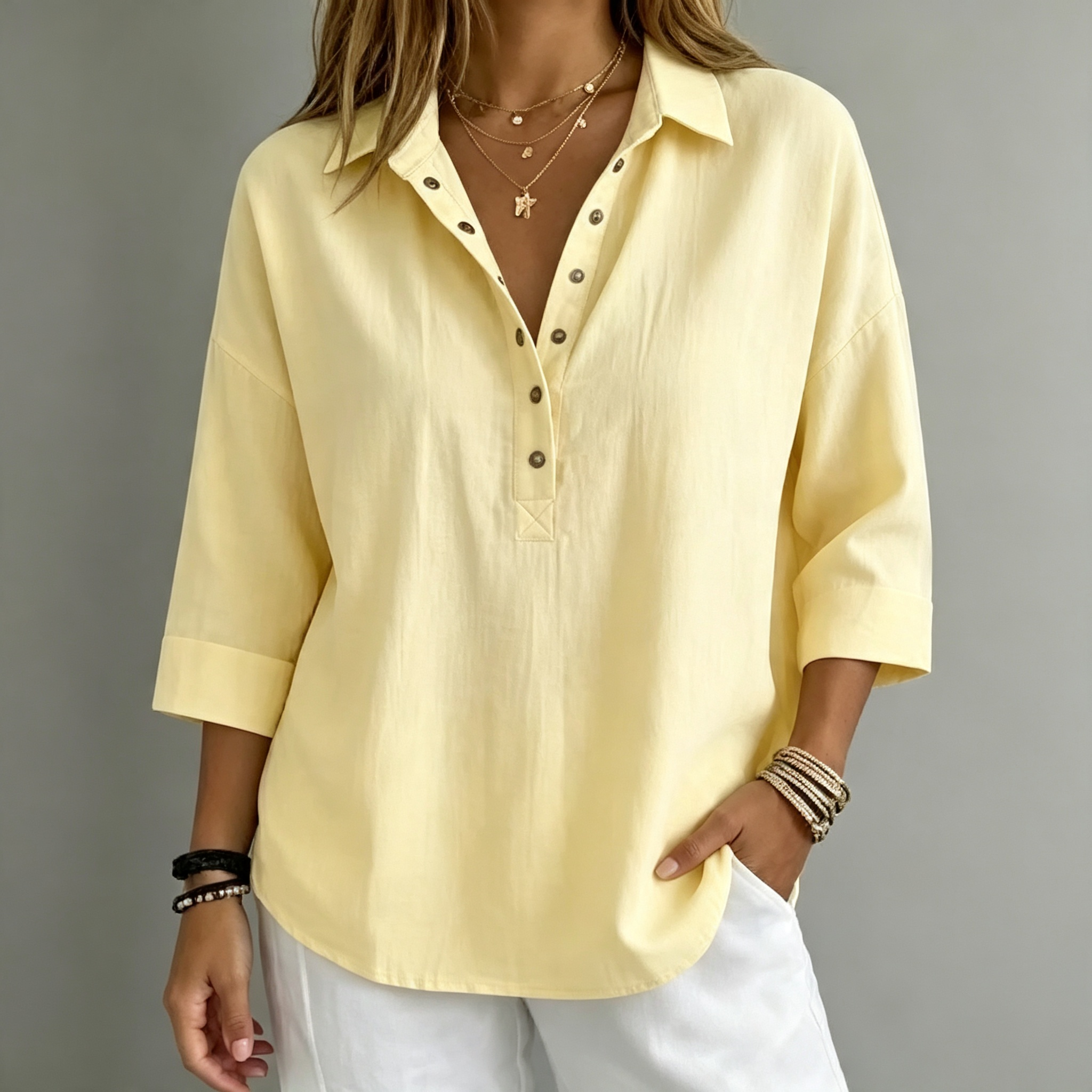 New arrival🔥 Women's Casual Linen Blend Henley 3/4 Sleeve Shirt