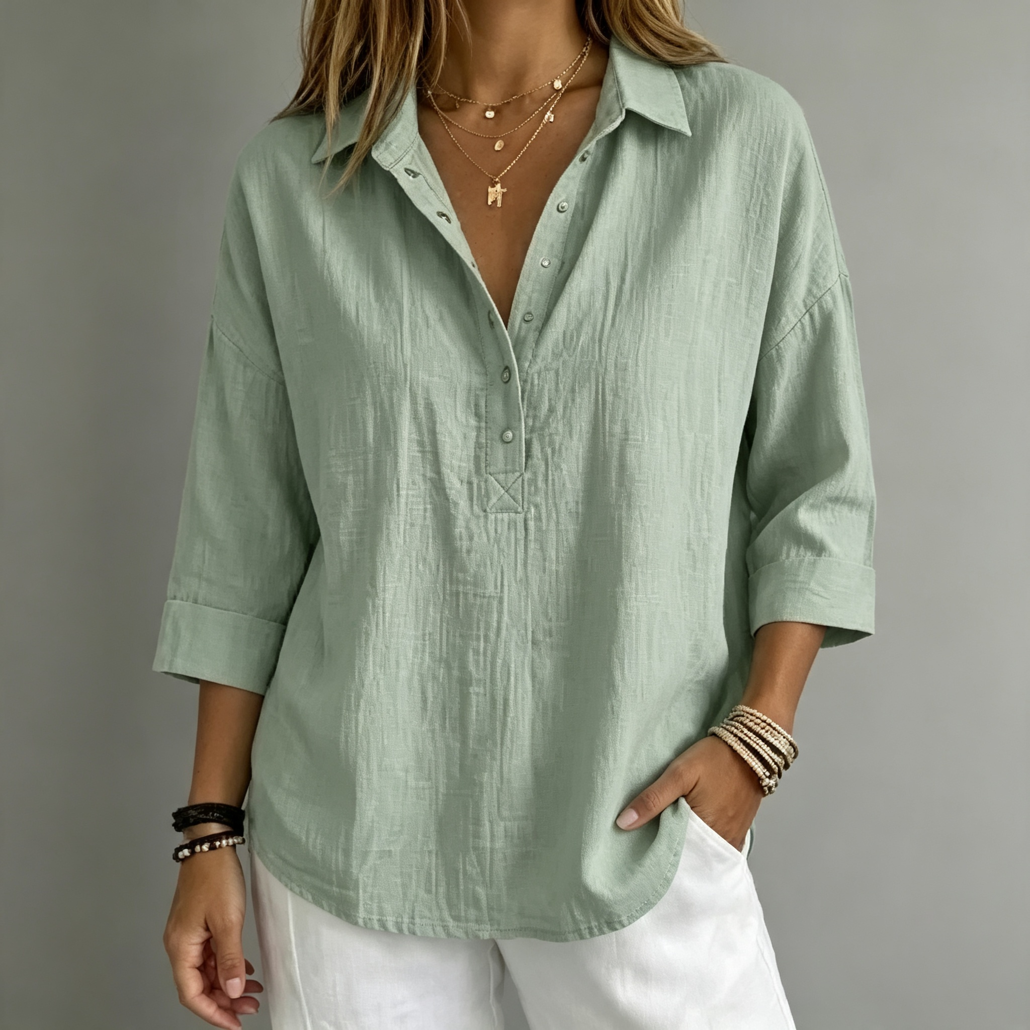 New arrival🔥 Women's Casual Linen Blend Henley 3/4 Sleeve Shirt