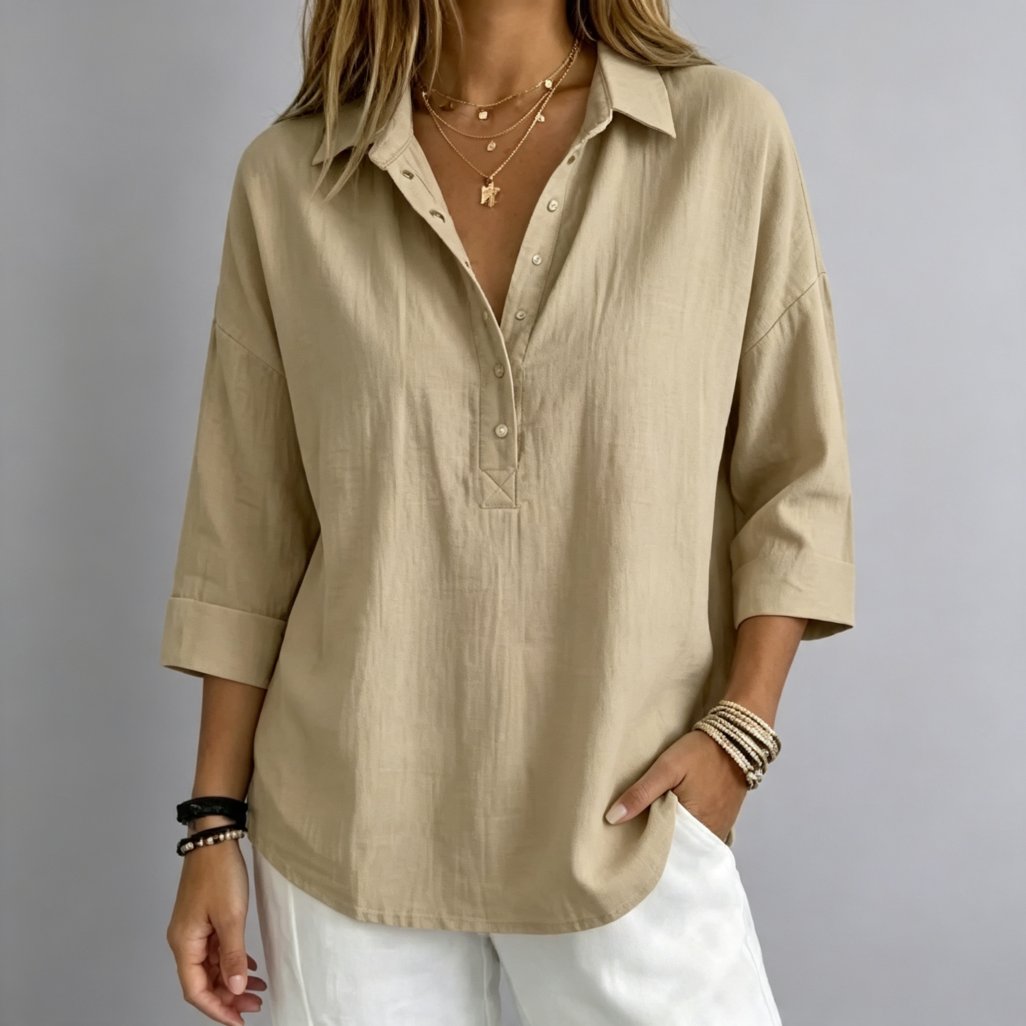 New arrival🔥 Women's Casual Linen Blend Henley 3/4 Sleeve Shirt
