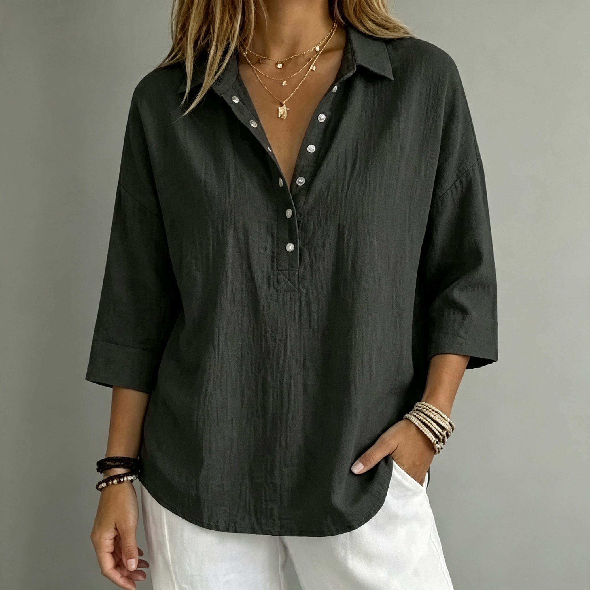 New arrival🔥 Women's Casual Linen Blend Henley 3/4 Sleeve Shirt