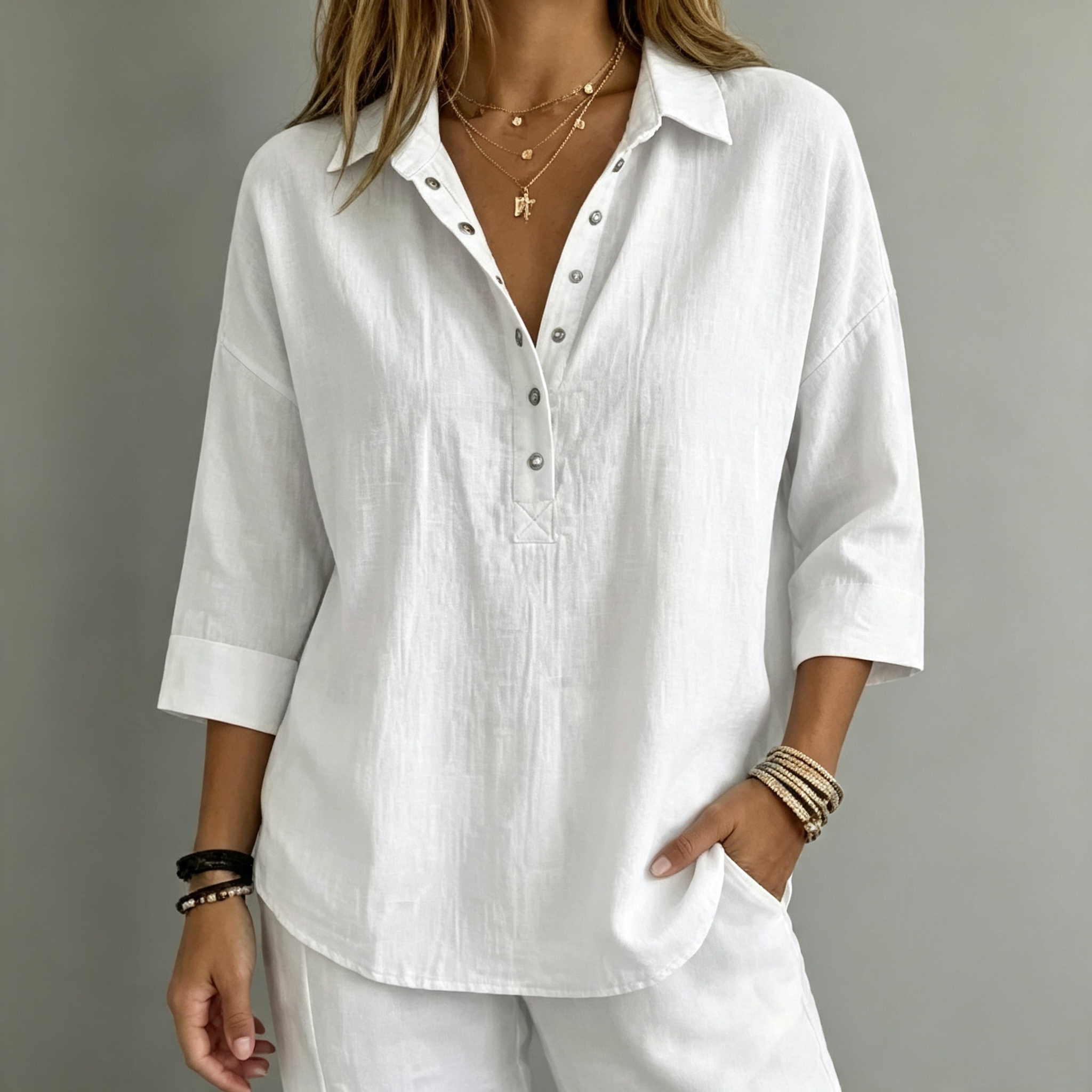 New arrival🔥 Women's Casual Linen Blend Henley 3/4 Sleeve Shirt