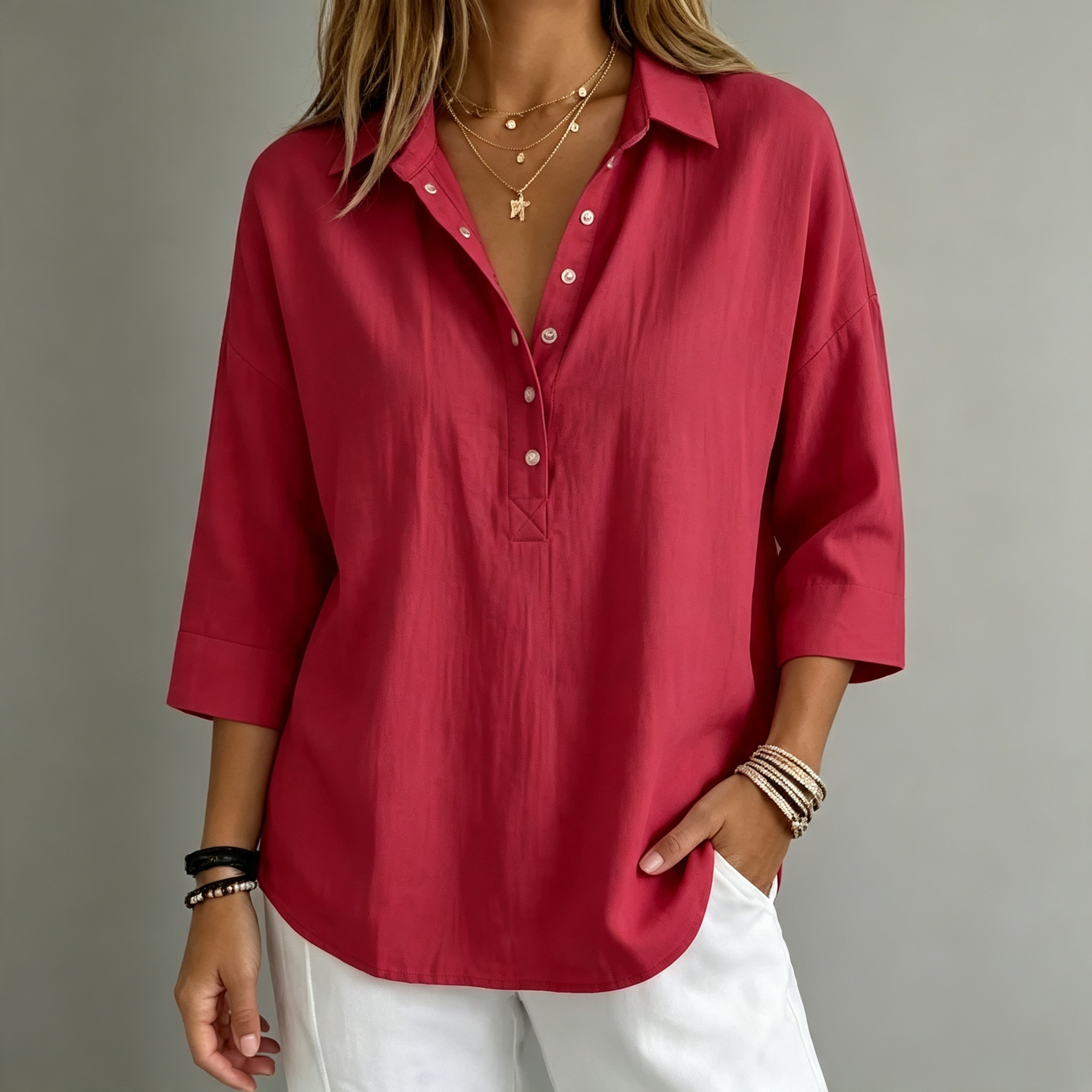 New arrival🔥 Women's Casual Linen Blend Henley 3/4 Sleeve Shirt
