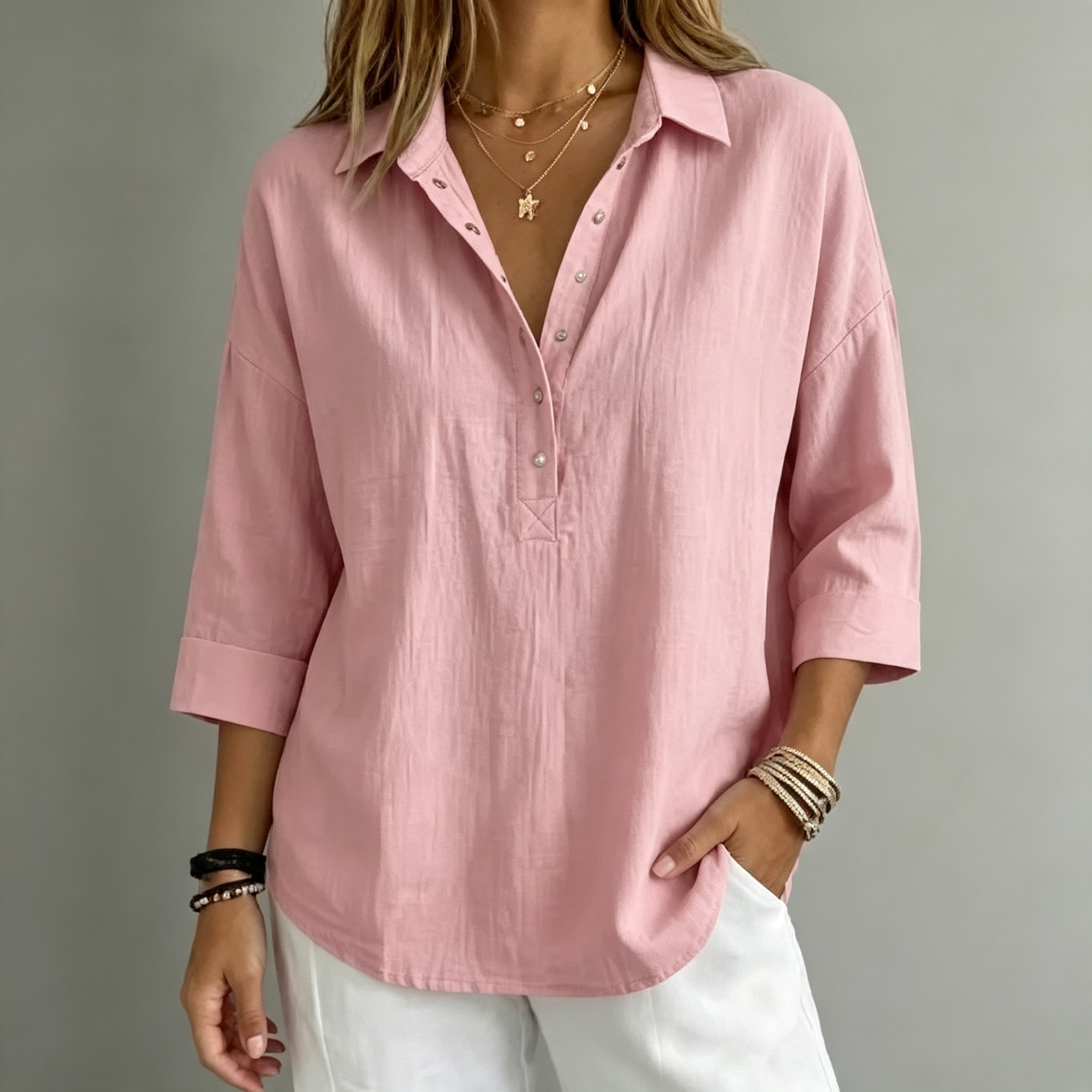 New arrival🔥 Women's Casual Linen Blend Henley 3/4 Sleeve Shirt
