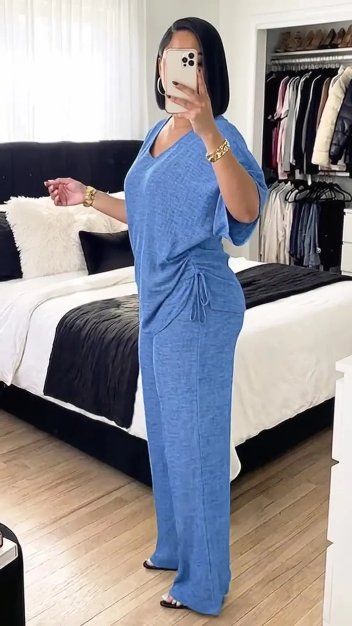 Summer V-Neck Short-Sleeve Drawstring Wide-Leg Casual Set