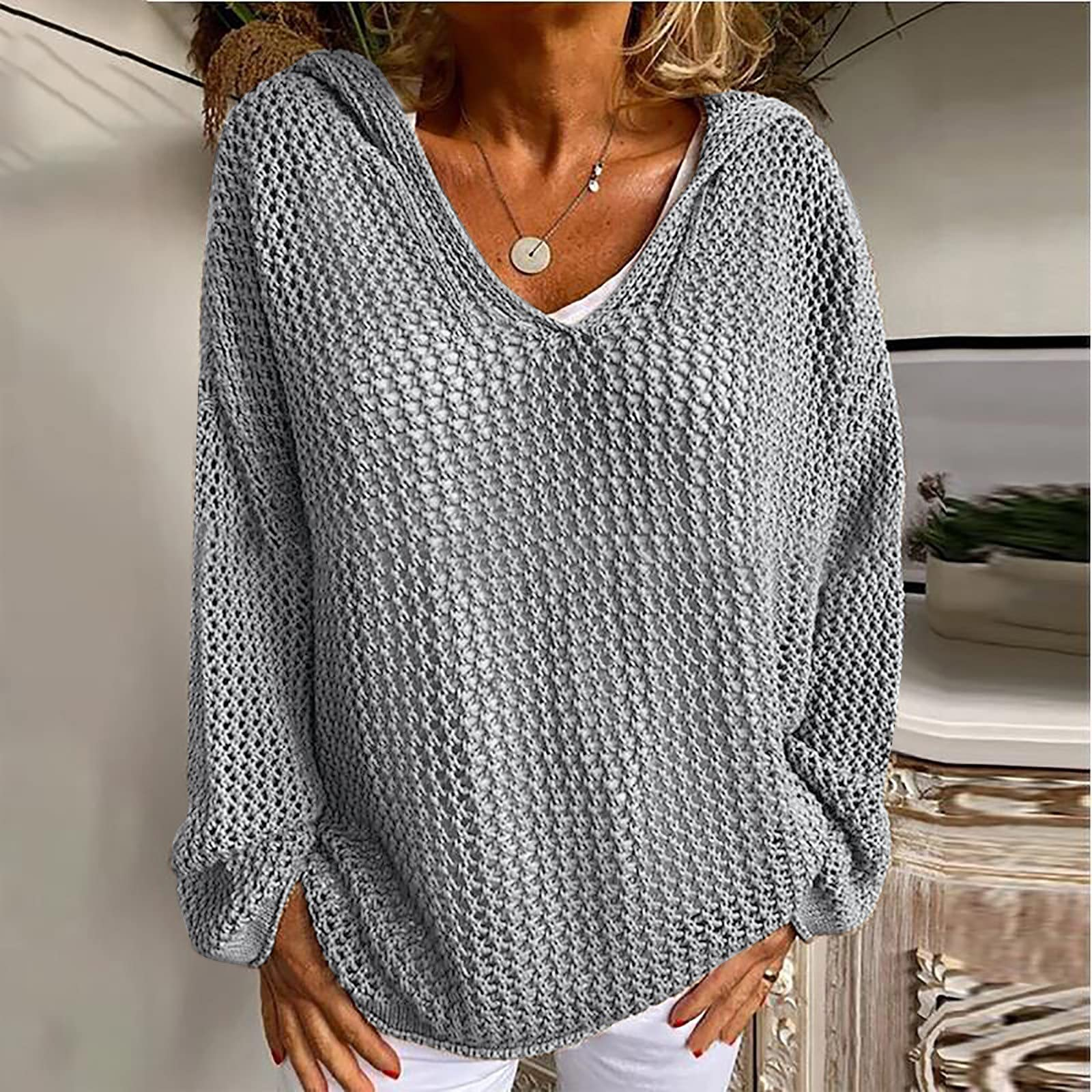 Knitted Hooded Lightweight Loose-Fit Sun-Protective Sweater