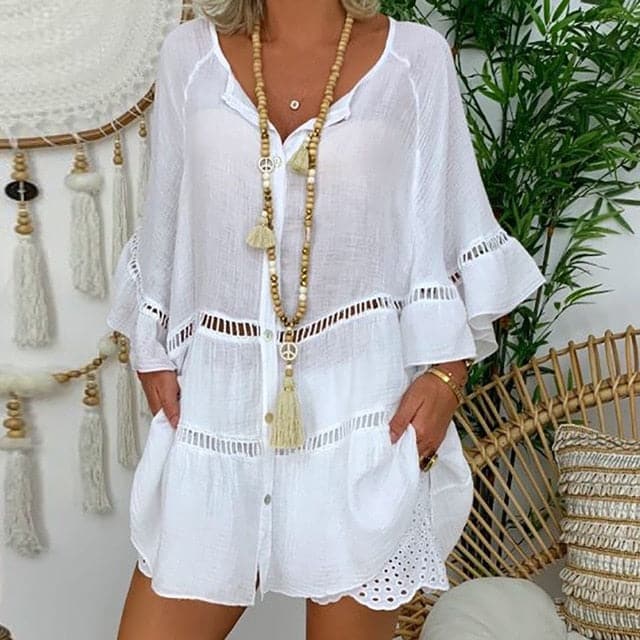 FRANCESCA Design Women's Fashion Solid Cotton Linen Fancy Hollowed V-Neck Blouse