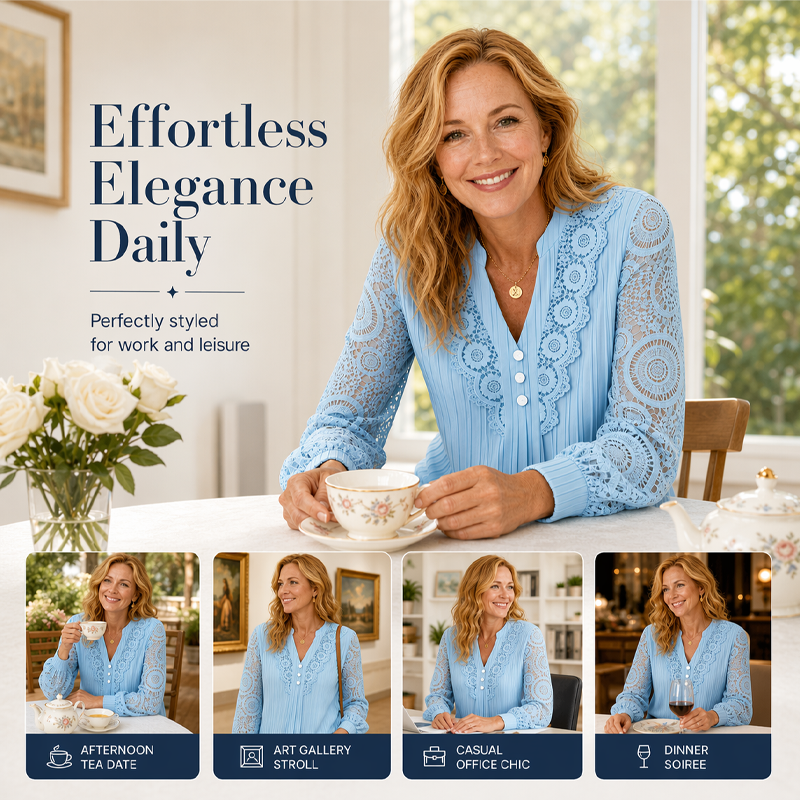 ⌛Limited-Time Offer-Women's Lace Patchwork V-Neck Long Sleeve Top