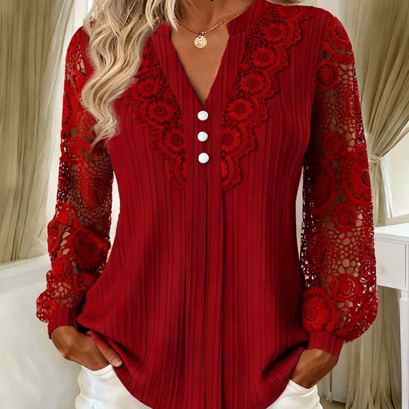⌛Limited-Time Offer-Women's Lace Patchwork V-Neck Long Sleeve Top