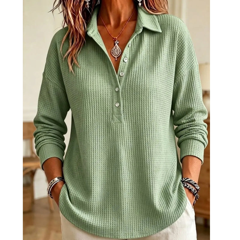 🌸 New Arrival | Women's Waffle-Knit Collared Relaxed Long-Sleeve Top