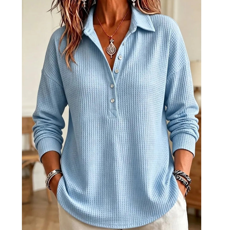 🌸 New Arrival | Women's Waffle-Knit Collared Relaxed Long-Sleeve Top