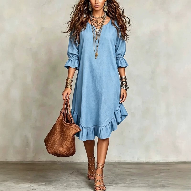 [Copy]Ruffle-Hem Midi Shift Dress with Bell Sleeves