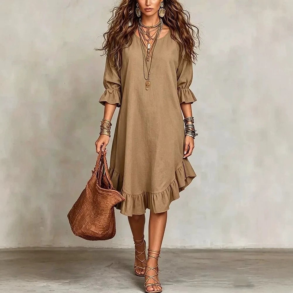 [Copy]Ruffle-Hem Midi Shift Dress with Bell Sleeves
