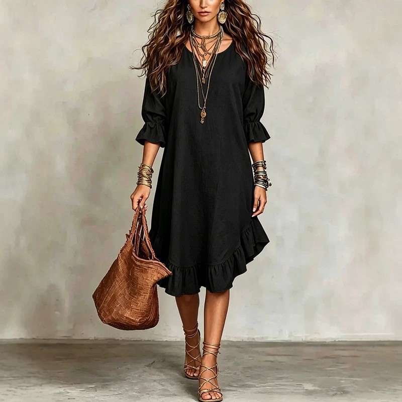 [Copy]Ruffle-Hem Midi Shift Dress with Bell Sleeves