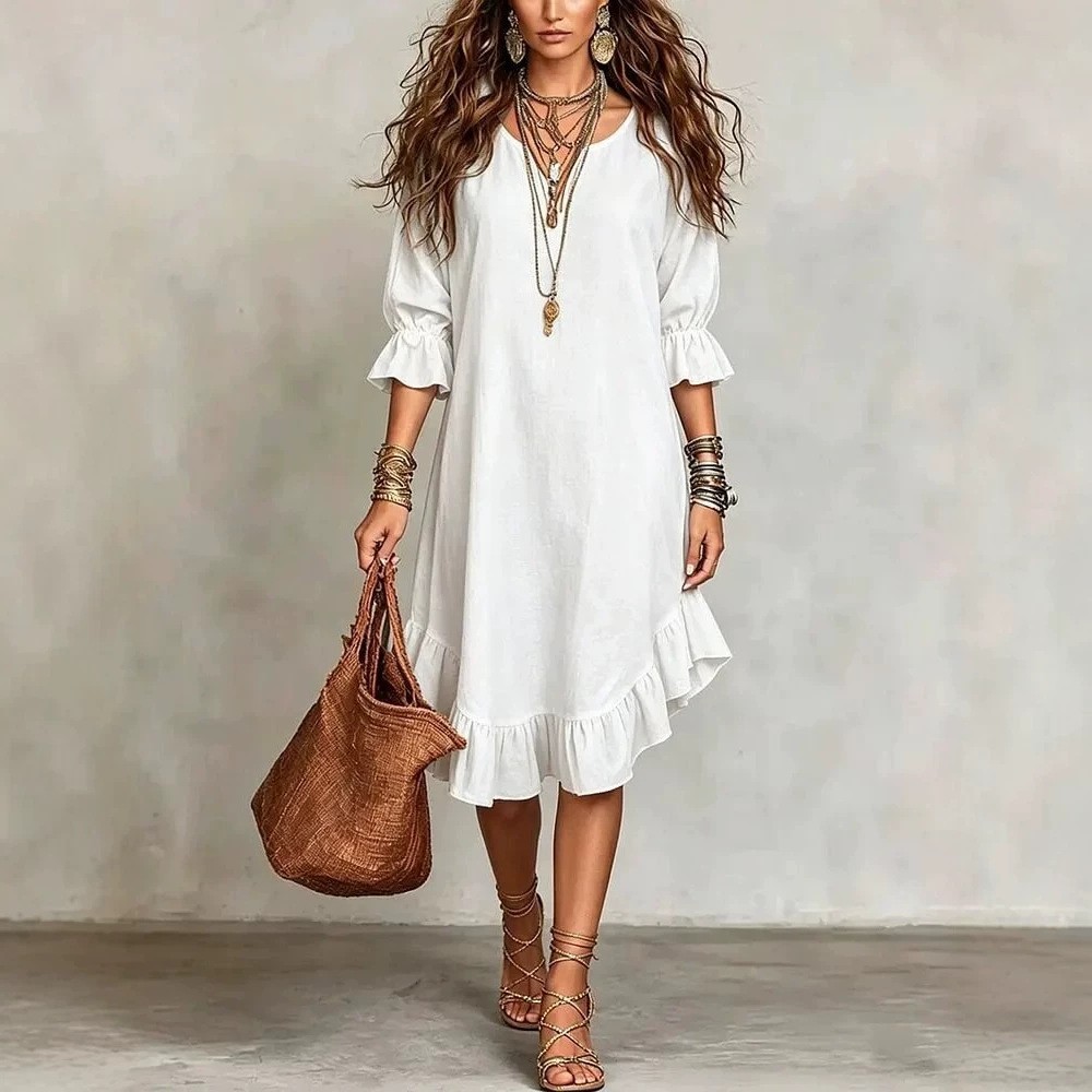 [Copy]Ruffle-Hem Midi Shift Dress with Bell Sleeves