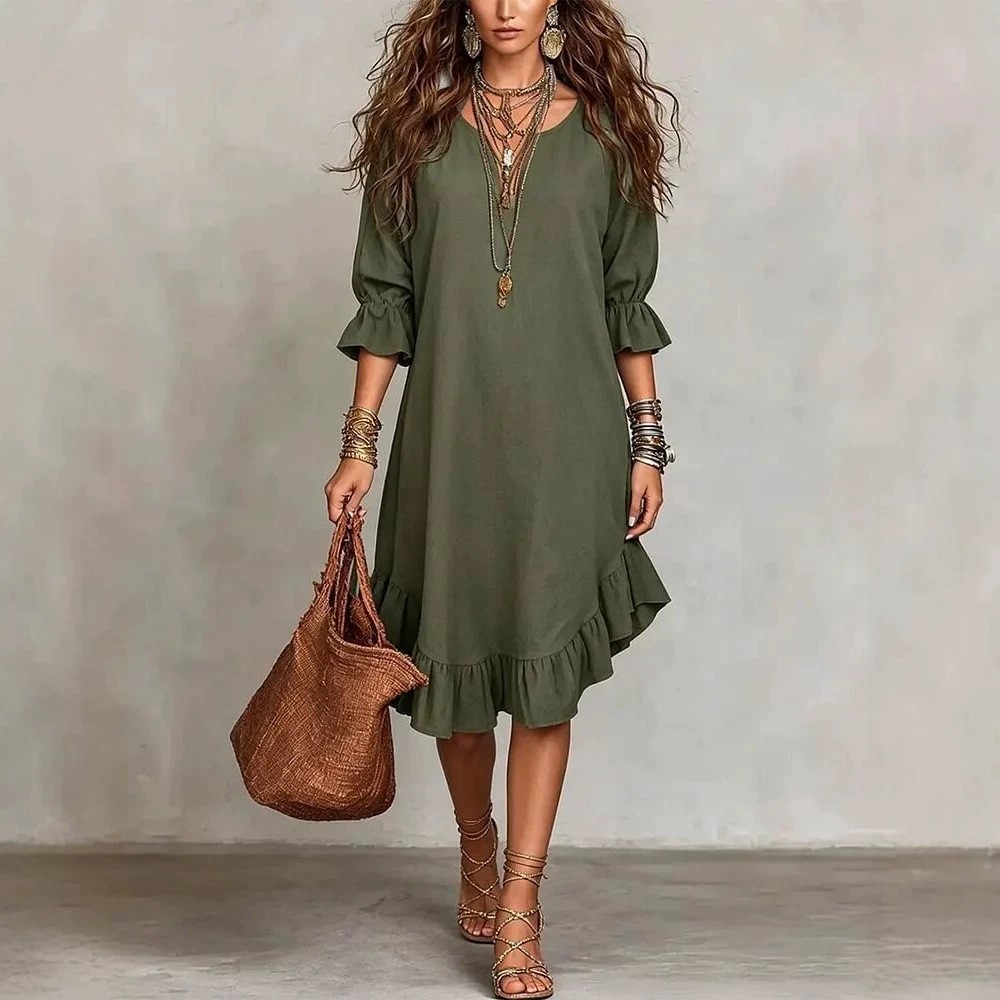 [Copy]Ruffle-Hem Midi Shift Dress with Bell Sleeves